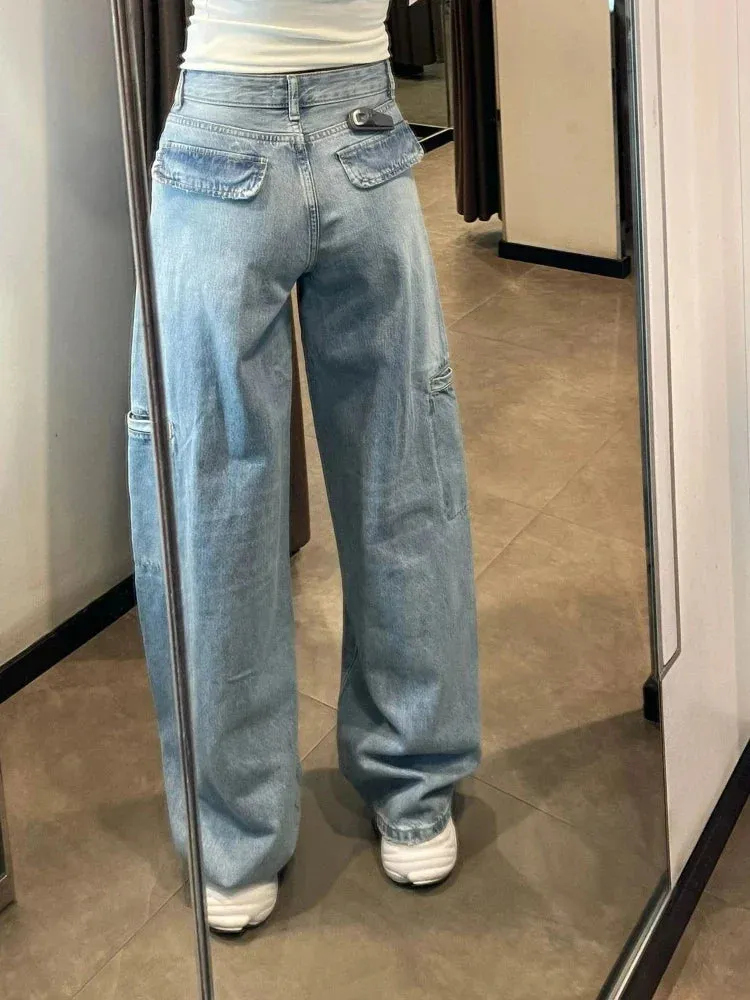 Cargo Jeans Women Fashion Blue Wide Leg High Waist Denim Pants