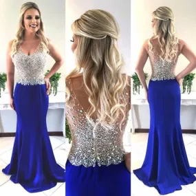 crystals evening dresses long beaded v neck elegant sleeveless royal blue mermaid sexy formal evening gown 2021