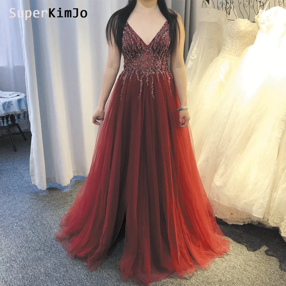 deep v neck beaded prom dresses with slit 2020 Burgundy crystals elegant tulle sexy prom gown