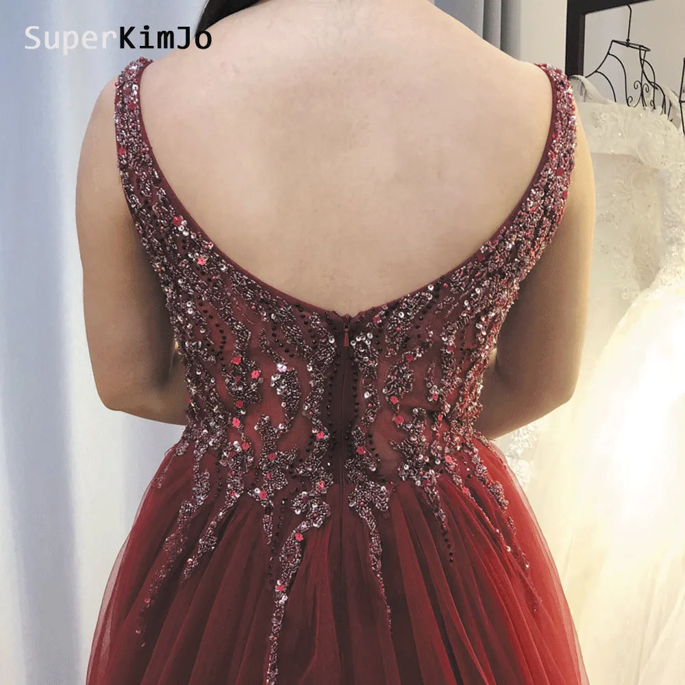 deep v neck beaded prom dresses with slit 2020 Burgundy crystals elegant tulle sexy prom gown