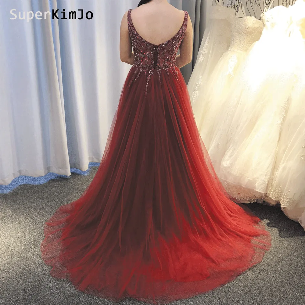 deep v neck beaded prom dresses with slit 2020 Burgundy crystals elegant tulle sexy prom gown