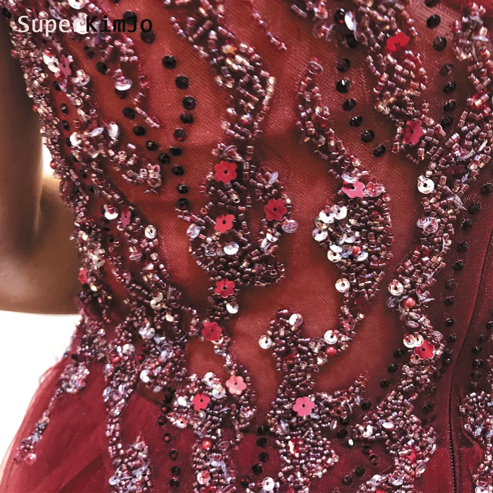 deep v neck beaded prom dresses with slit 2020 Burgundy crystals elegant tulle sexy prom gown