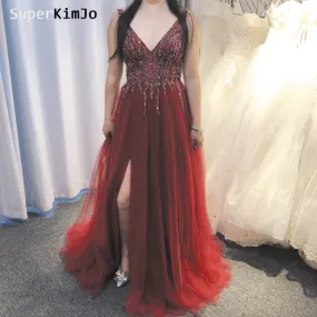 deep v neck beaded prom dresses with slit 2020 Burgundy crystals elegant tulle sexy prom gown