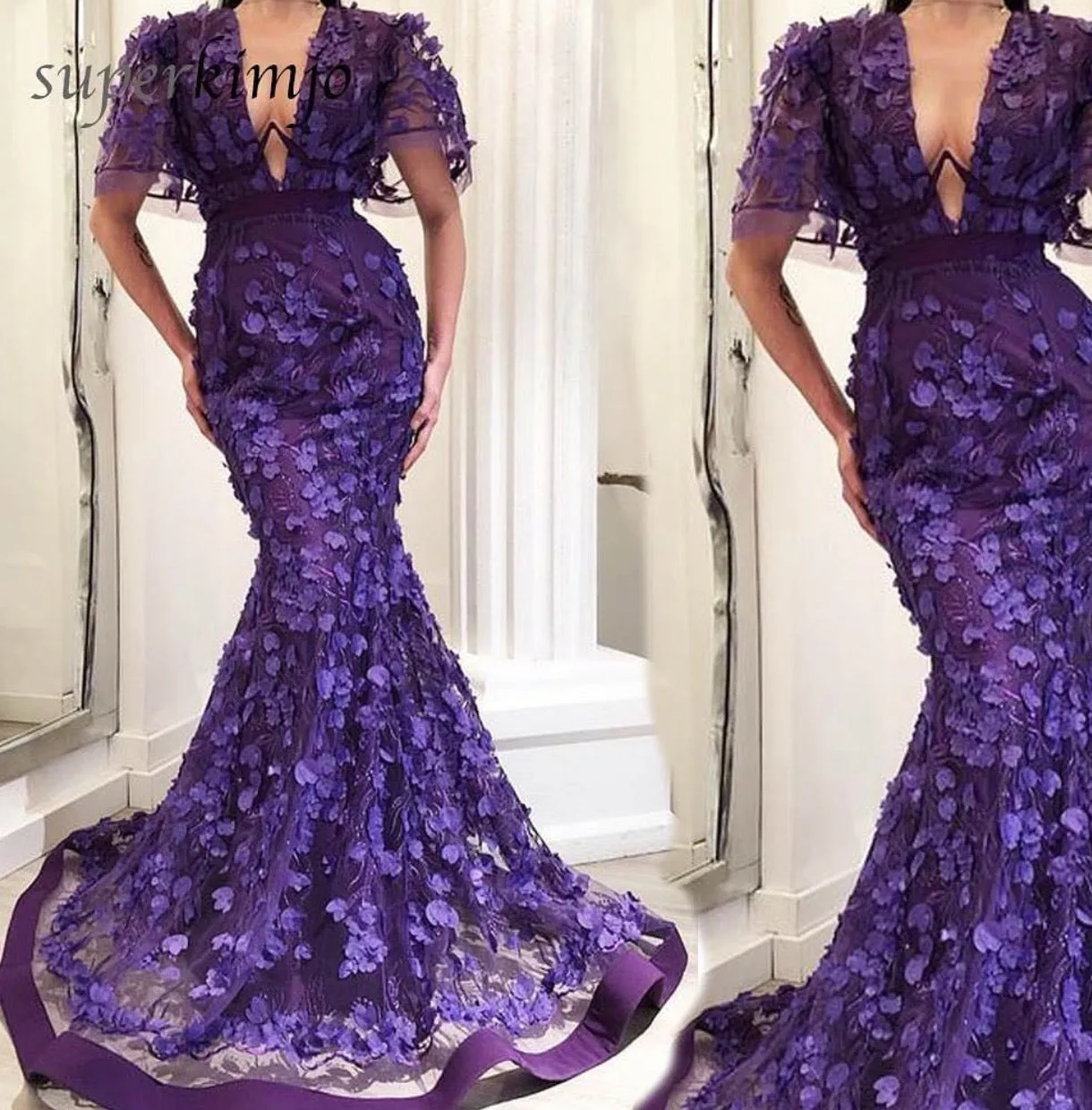 deep v neck purple evening dresses long mermaid floral short sleeve modest formal evening gown