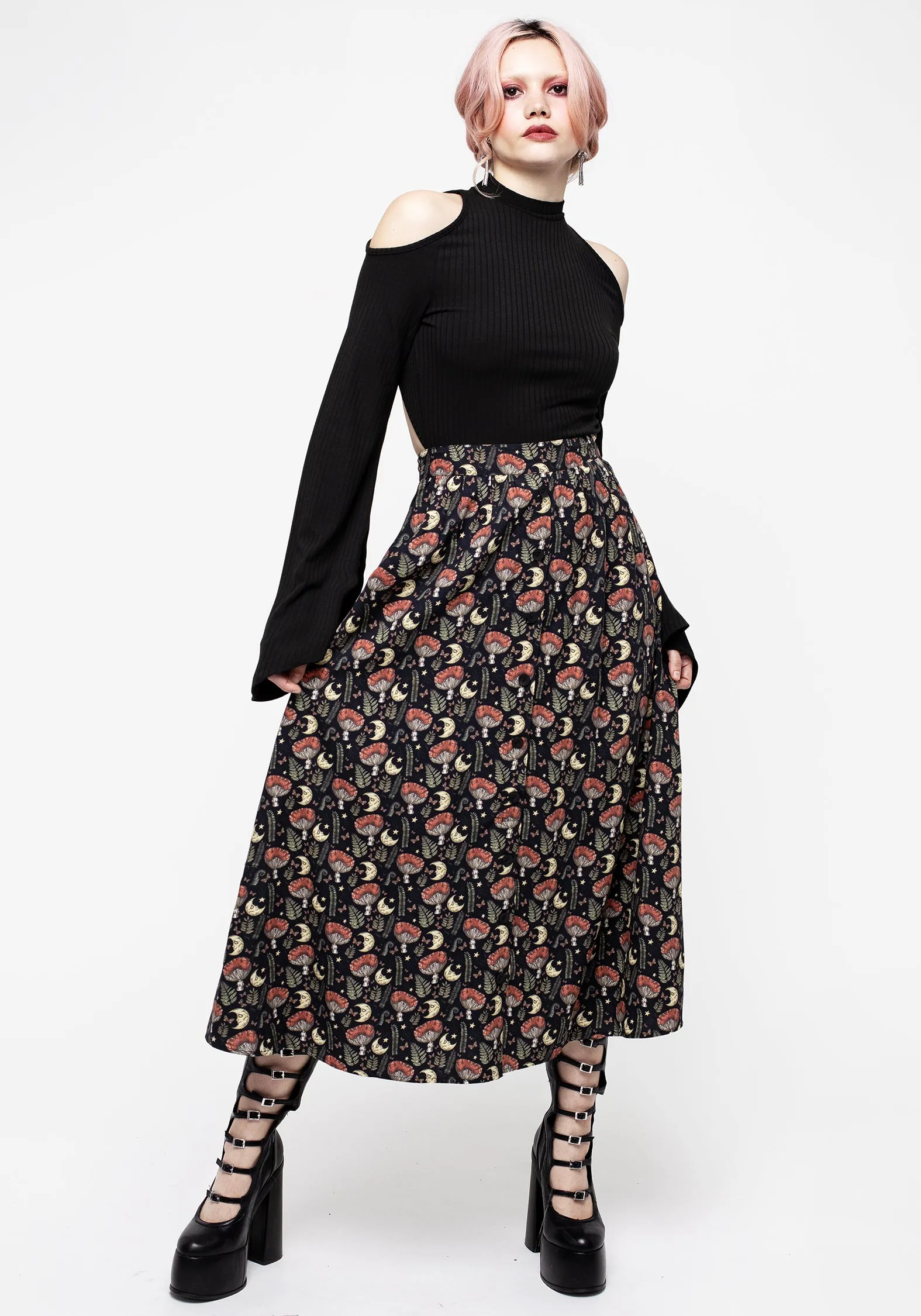 Dreamfast Mushroom Moon Print Button Up Midaxi Skirt