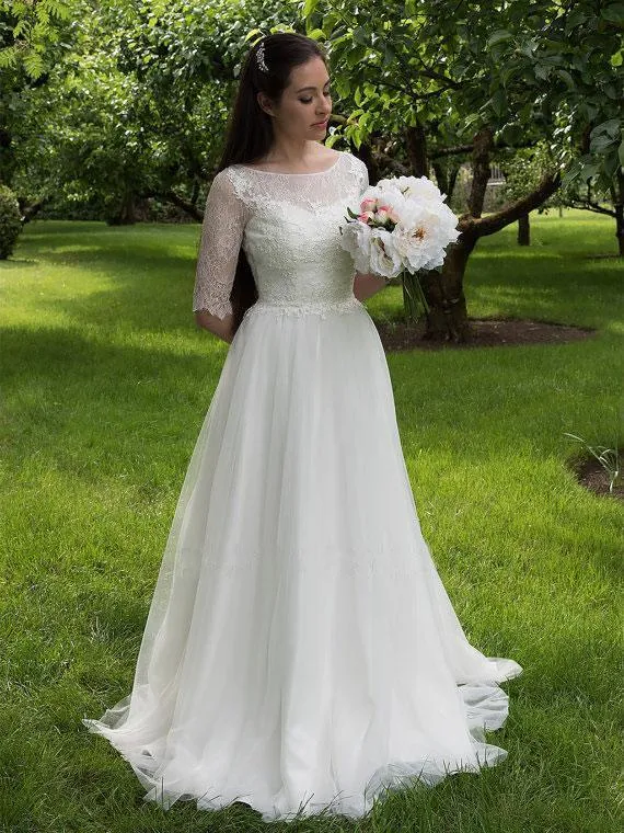 Elegant A-line Half Sleeves Lace Top Tulle Cheap Long Wedding Dress, WD0377