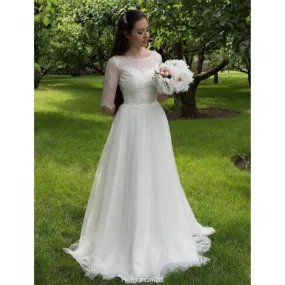 Elegant A-line Half Sleeves Lace Top Tulle Cheap Long Wedding Dress, WD0377