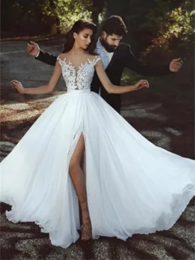 Elegant Applique A-line Side Slit Tulle Wedding Dress, WD0523