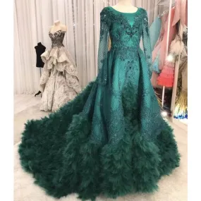 feather luxury prom ball gown lace appliqué long sleeve elegant green beaded prom dresses