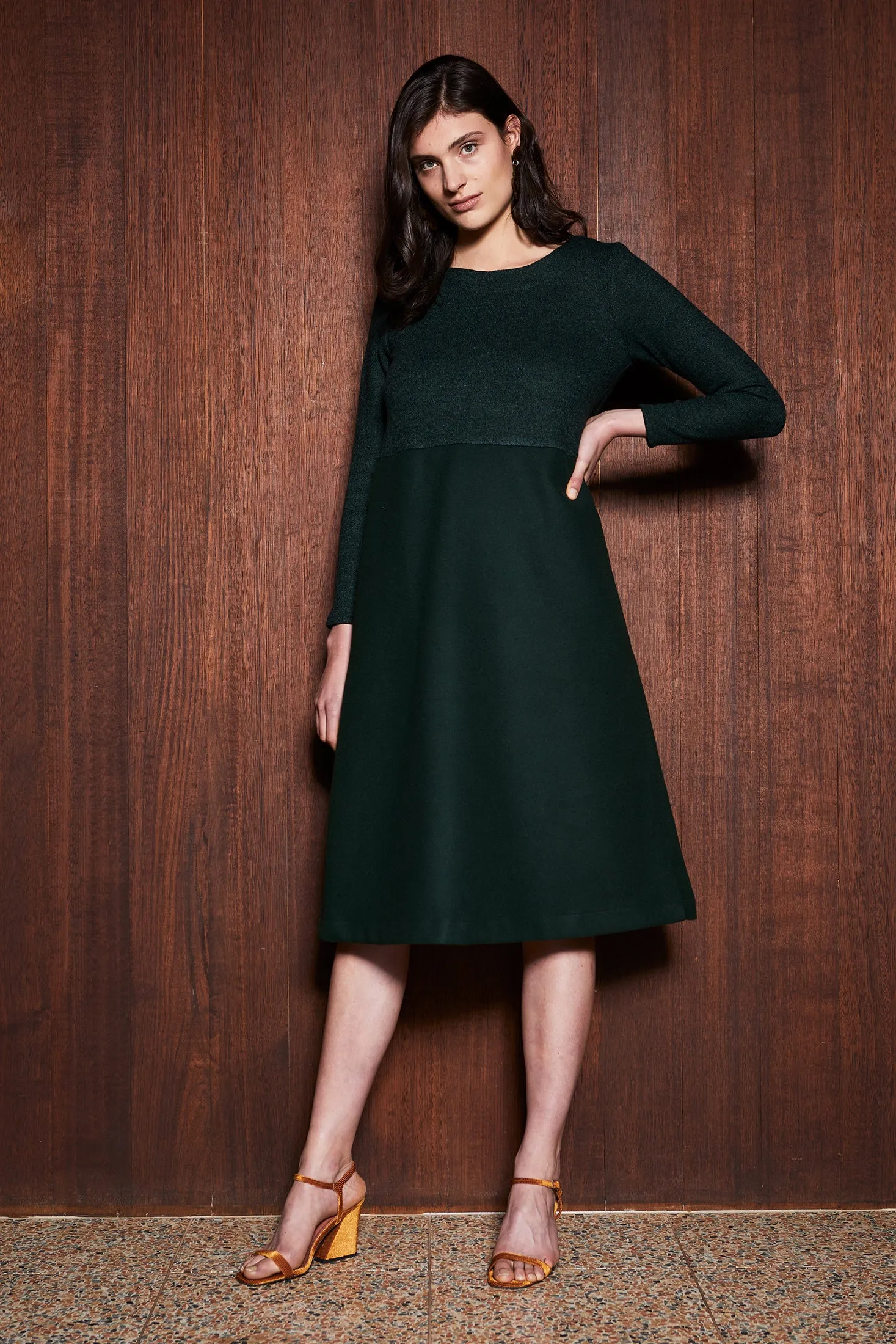 FERN DRESS [ Dark Green Wool Blend, Long Sleeves ]