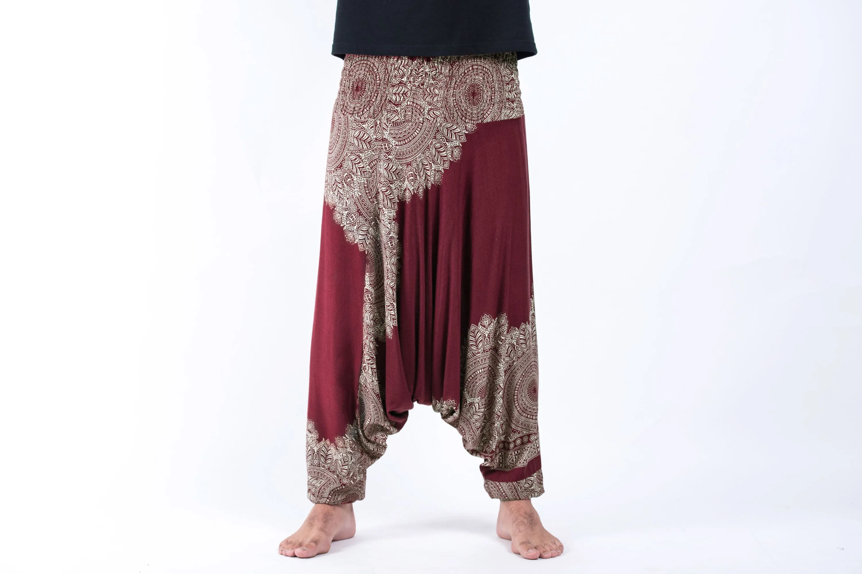 Floral Mandalas Drop Crotch Men's Harem Pants in Maroon