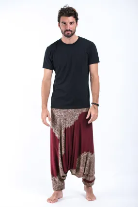 Floral Mandalas Drop Crotch Men's Harem Pants in Maroon