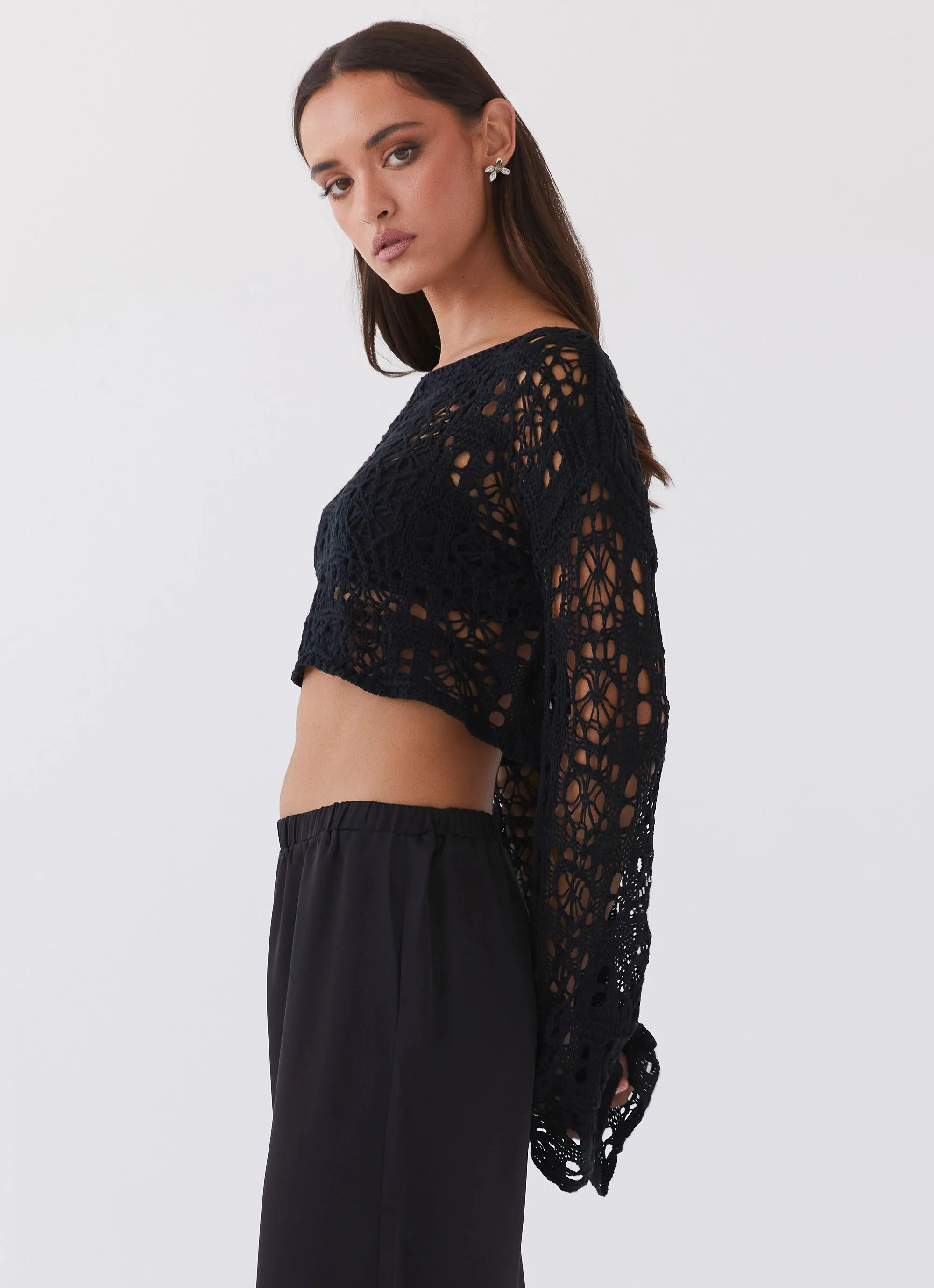 Free Mind Crochet Long Sleeve Top - Black