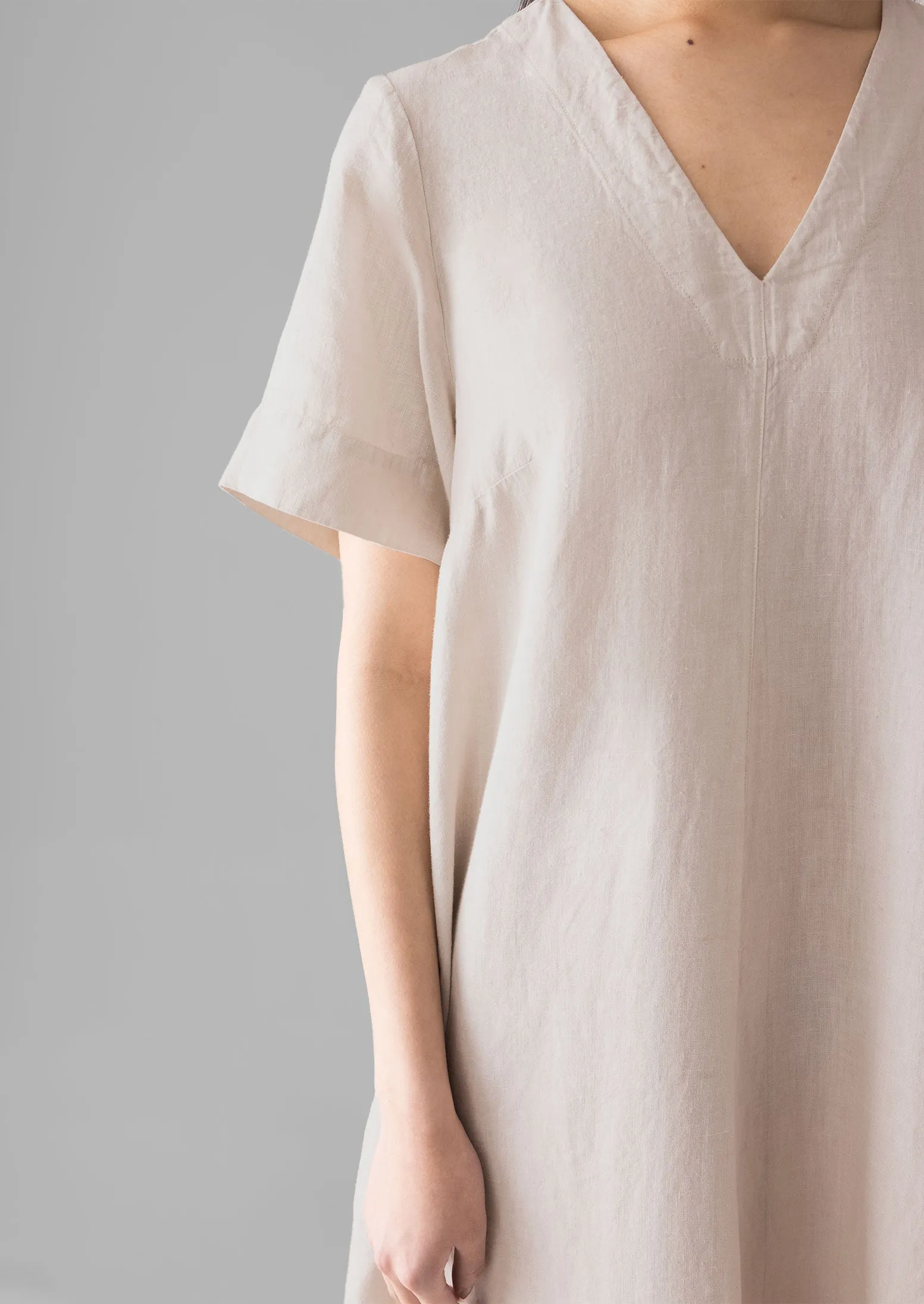 Garment Dyed Linen V-Neck Dress | Stone