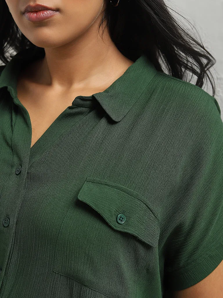 Gia Dark Green Crinkle-Textured Shirt