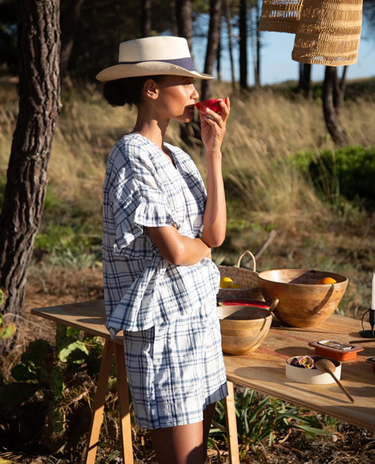 Gilma-Cay Organic Cotton & Linen Shorts In White & Blue Check