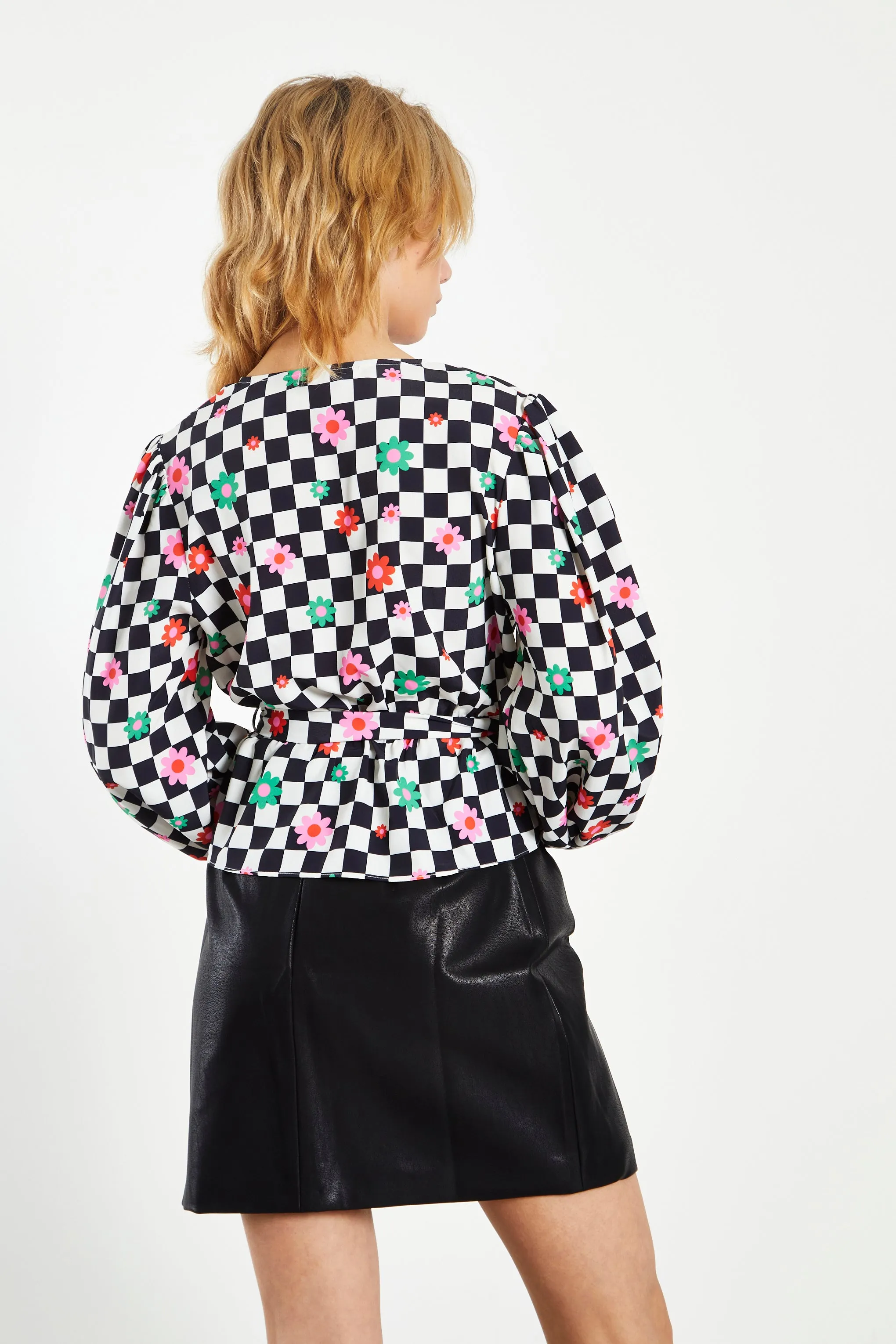 Glamorous Checkerboard Flower Wrap Blouse with Tie detail