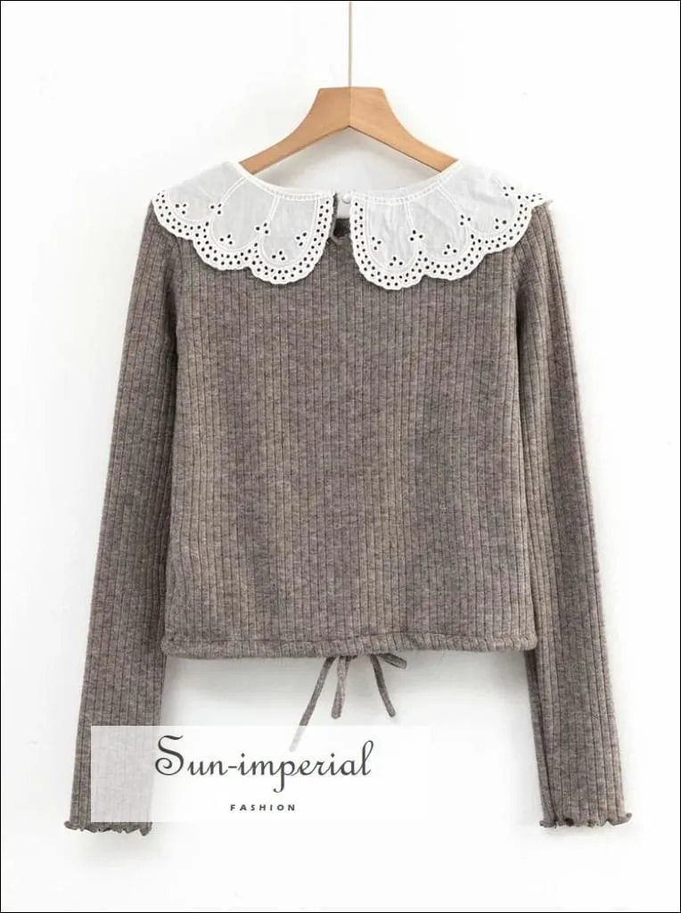 Grey Ribbed Long Sleeve Women top Blouse with White Lace Peter Pan Collar