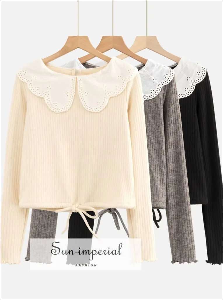 Grey Ribbed Long Sleeve Women top Blouse with White Lace Peter Pan Collar