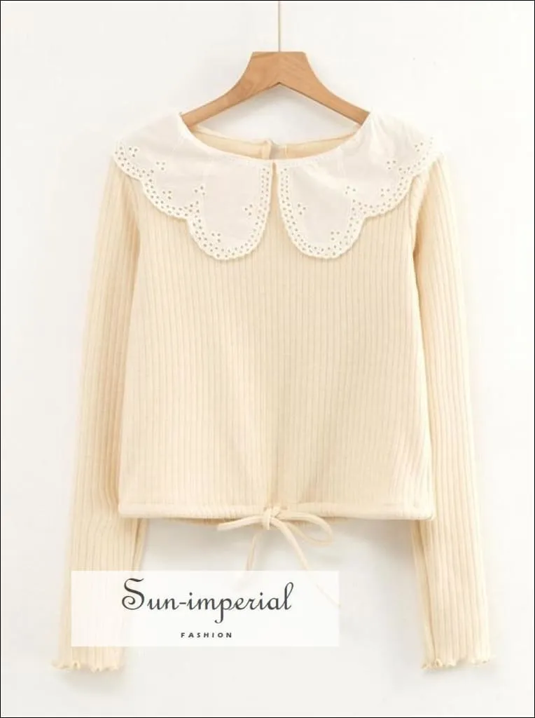 Grey Ribbed Long Sleeve Women top Blouse with White Lace Peter Pan Collar