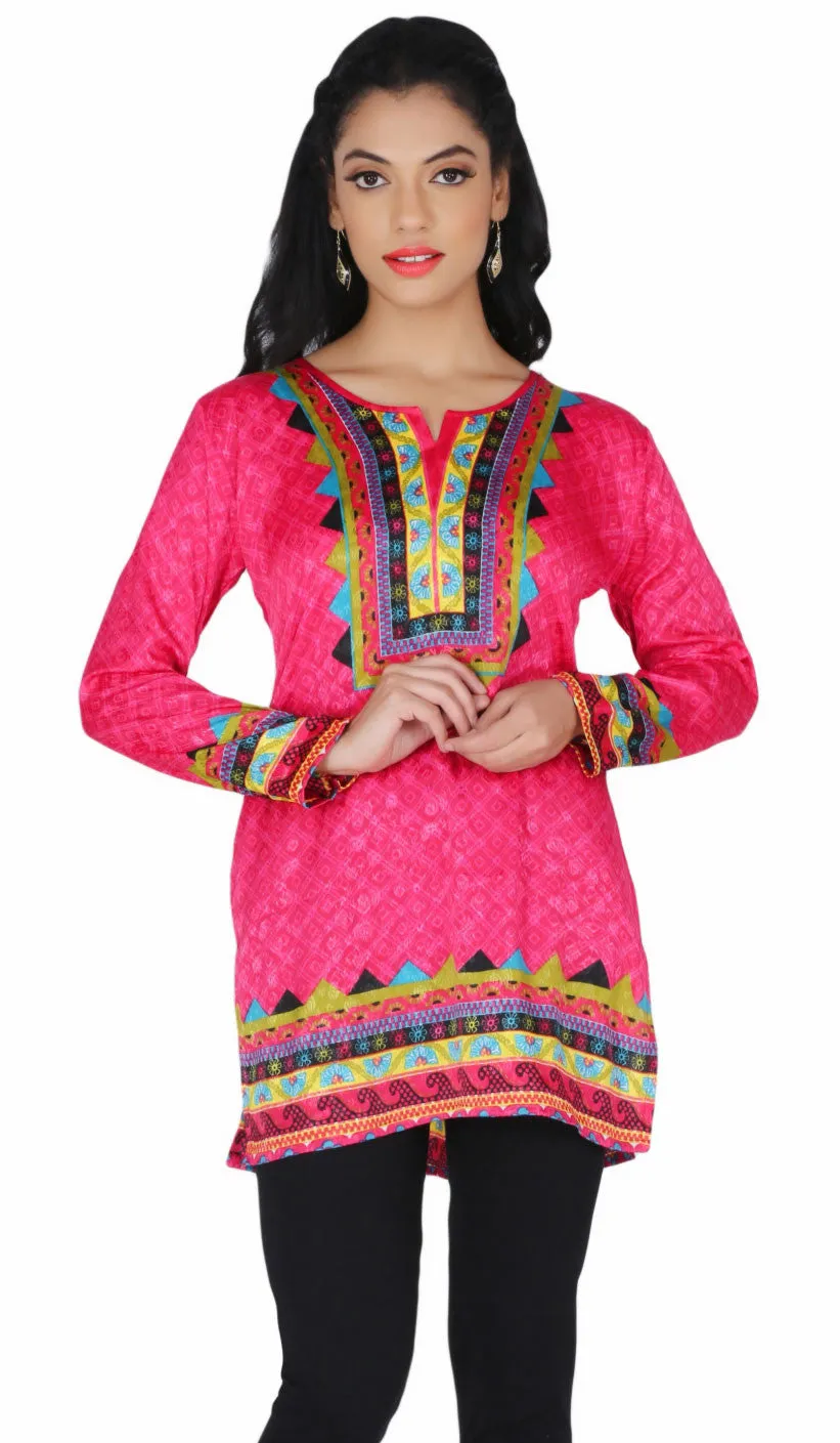 India Long Tunic Top Kurti Womens Printed Indian Apparel (Pink)