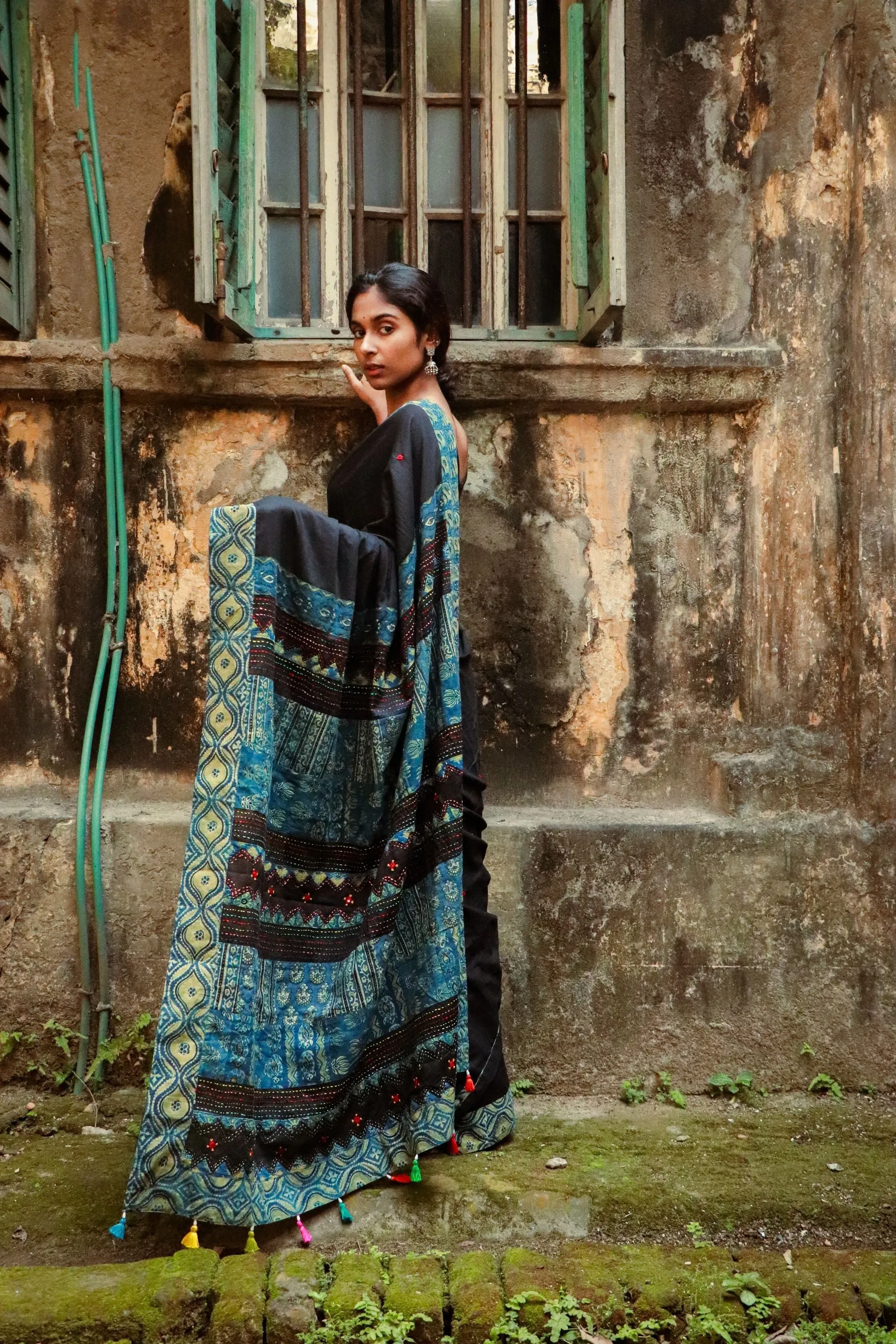 Jharokha -  Blue and Black Ajrakh handblockprinted patchwork Gudri Barmer saree