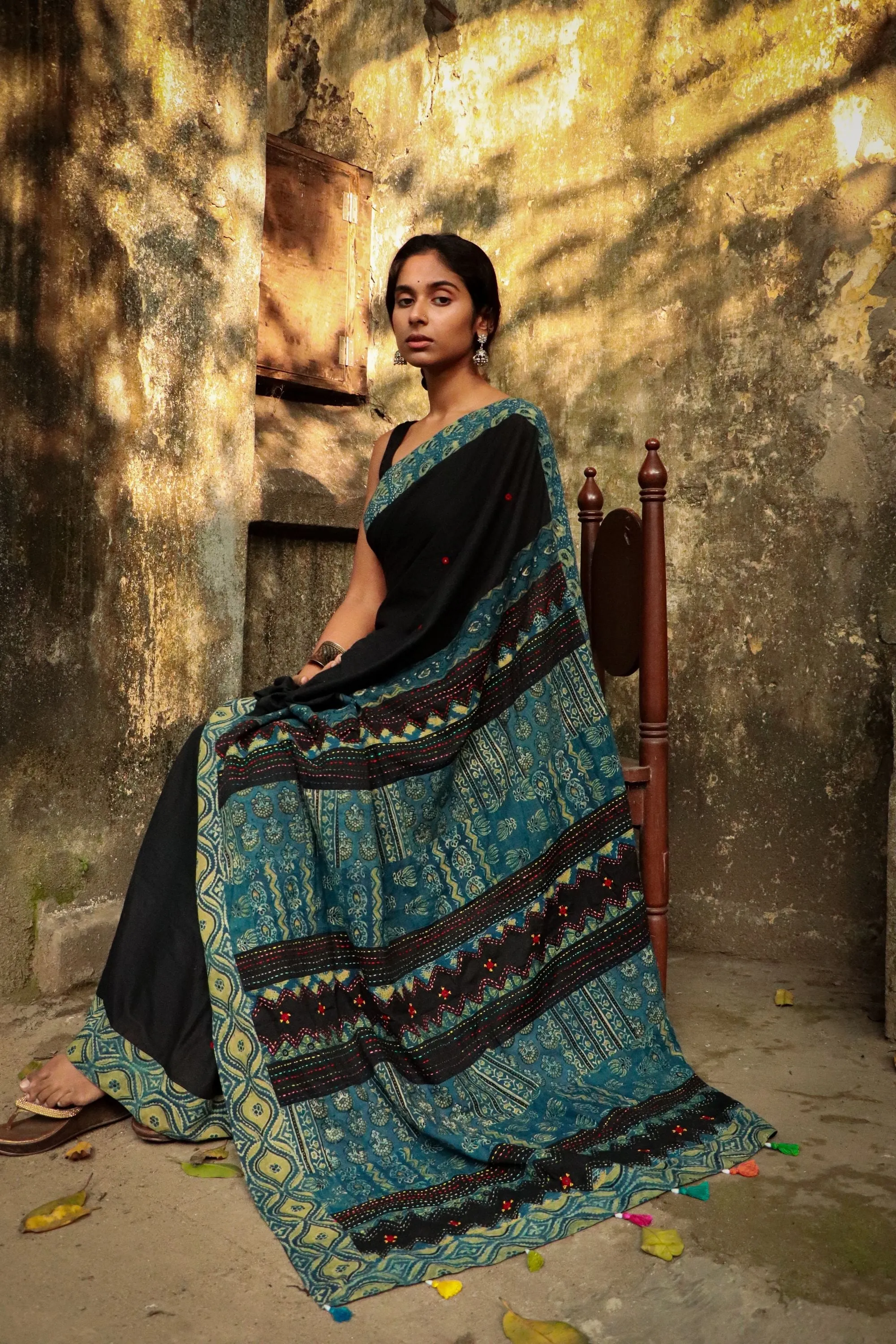 Jharokha -  Blue and Black Ajrakh handblockprinted patchwork Gudri Barmer saree