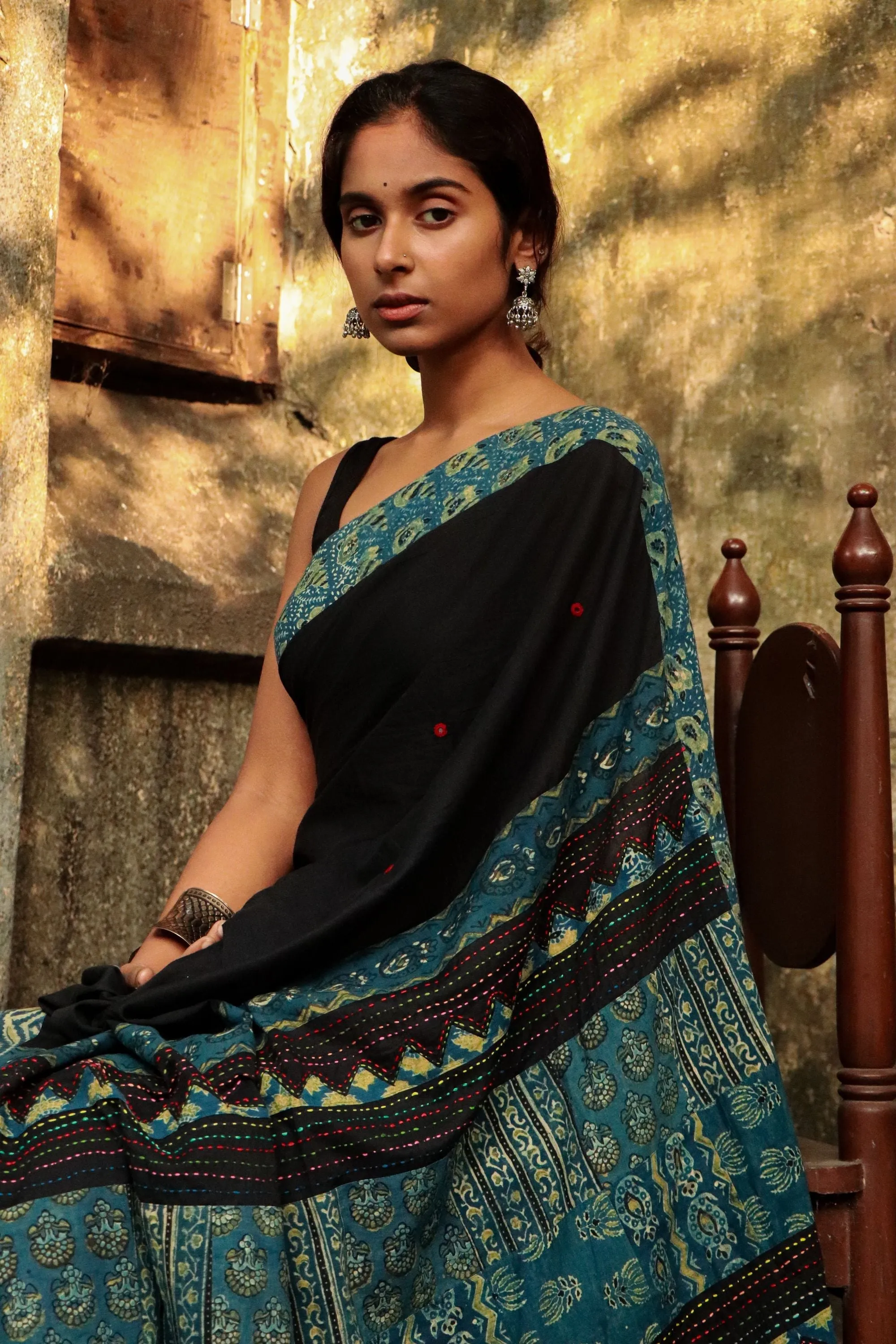 Jharokha -  Blue and Black Ajrakh handblockprinted patchwork Gudri Barmer saree