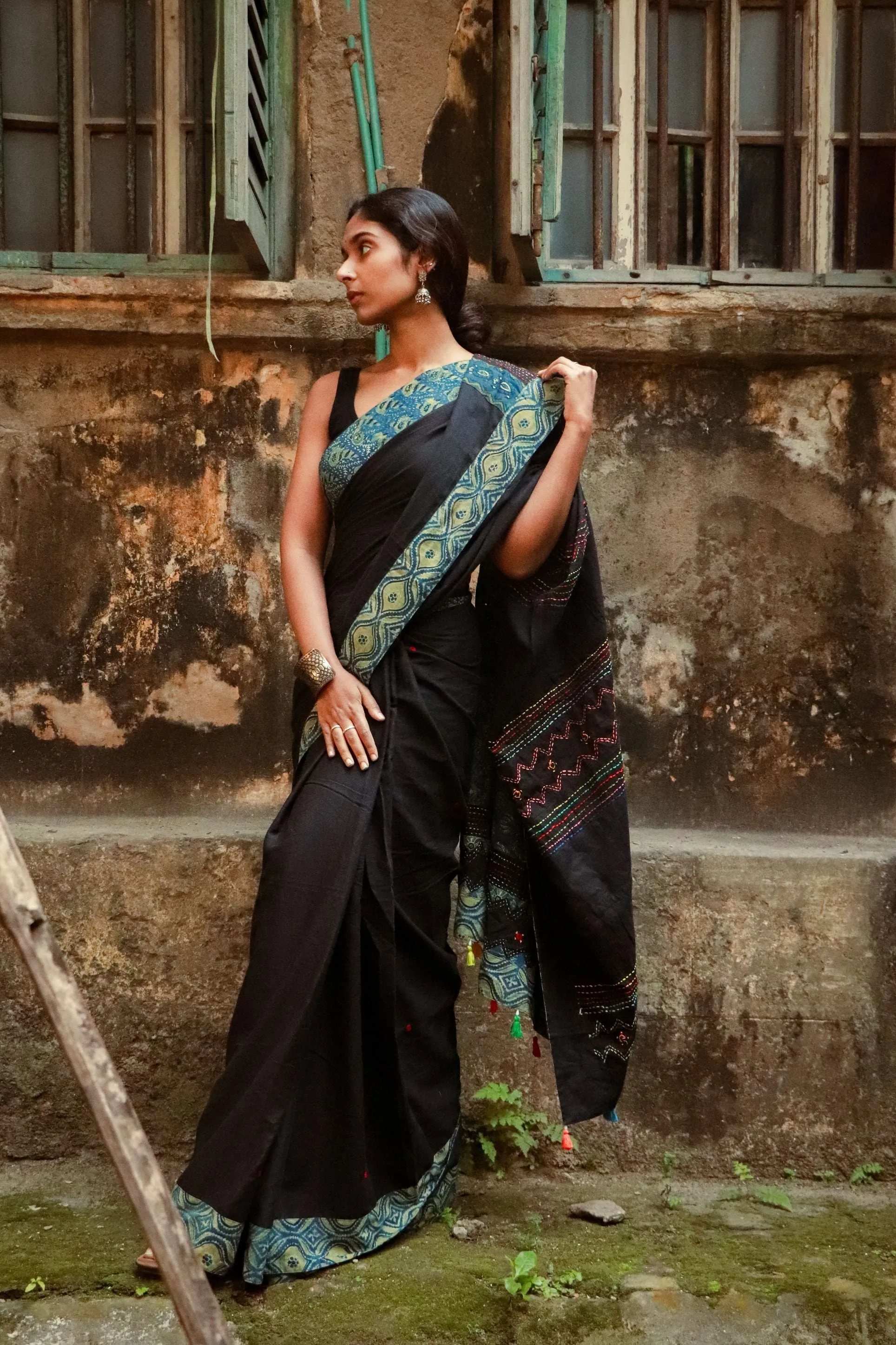 Jharokha -  Blue and Black Ajrakh handblockprinted patchwork Gudri Barmer saree