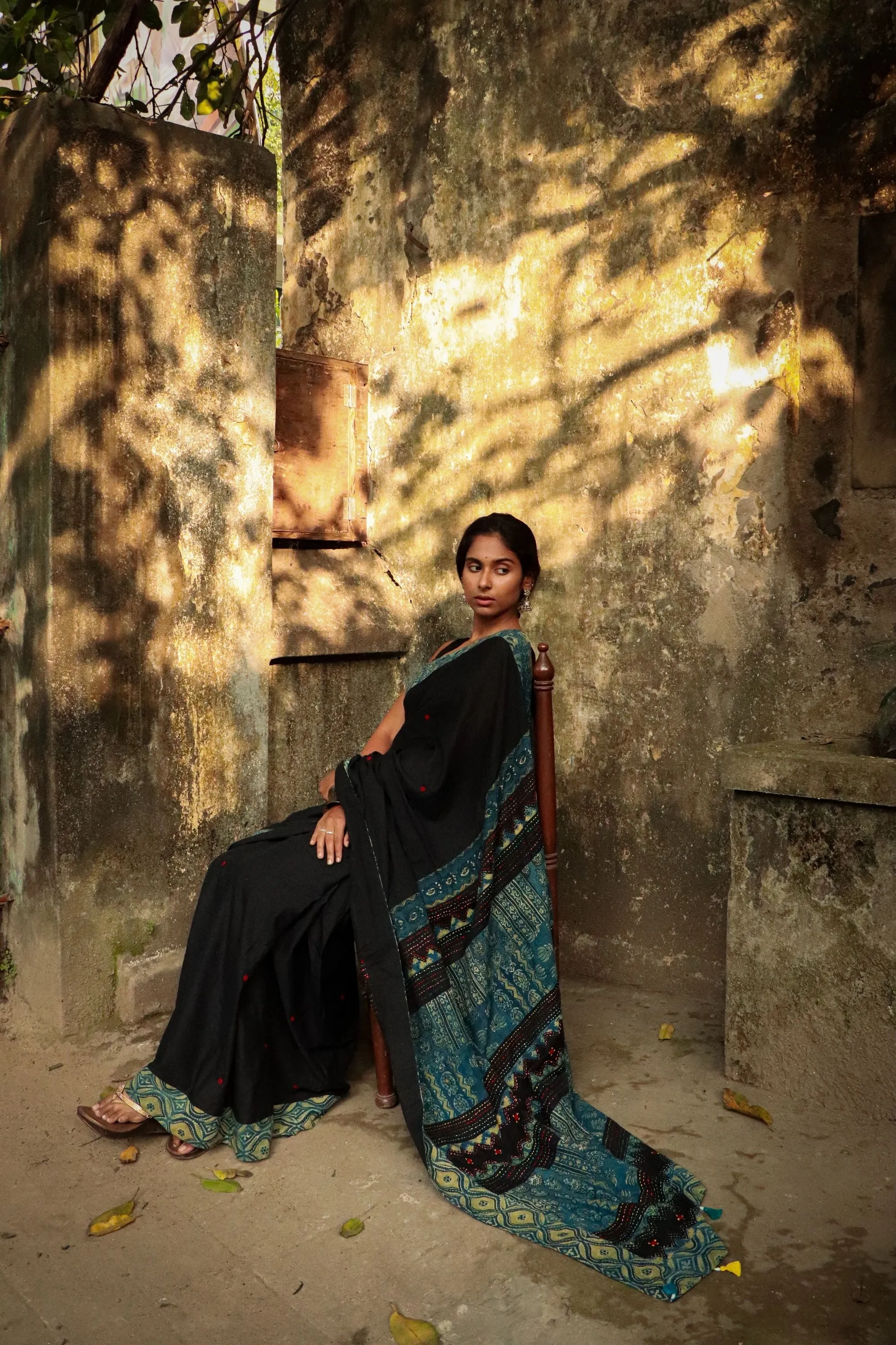 Jharokha -  Blue and Black Ajrakh handblockprinted patchwork Gudri Barmer saree