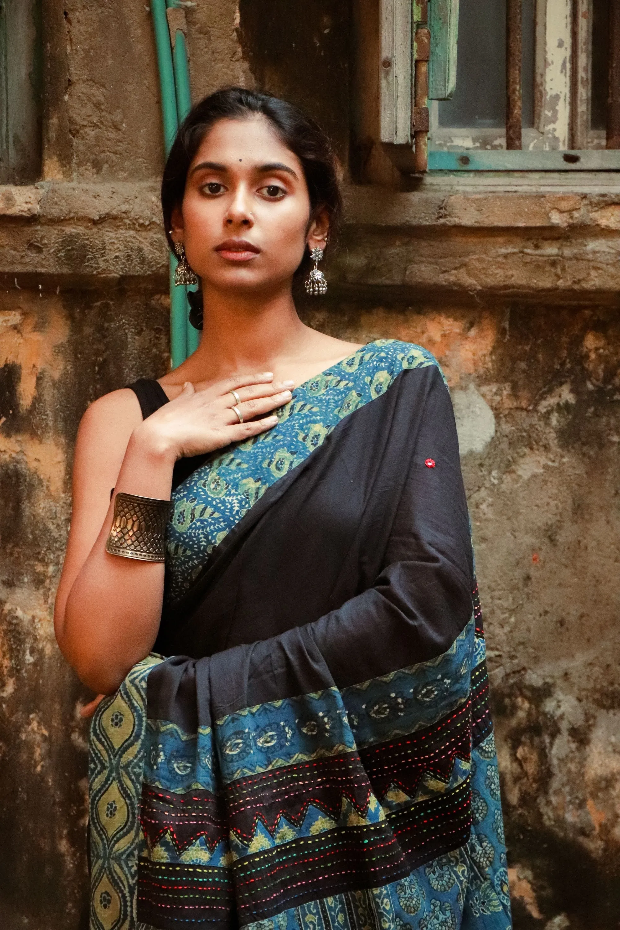 Jharokha -  Blue and Black Ajrakh handblockprinted patchwork Gudri Barmer saree