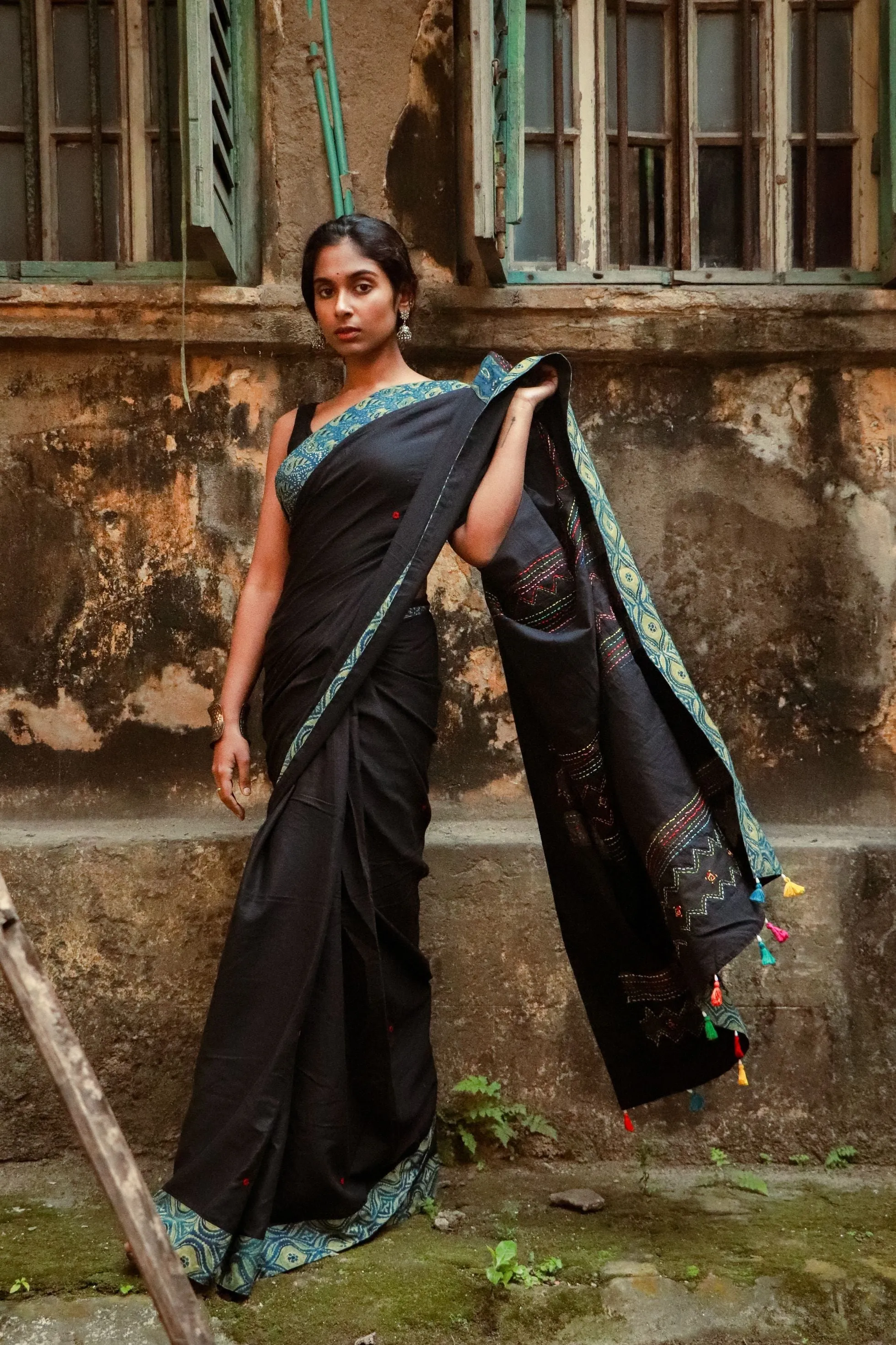 Jharokha -  Blue and Black Ajrakh handblockprinted patchwork Gudri Barmer saree