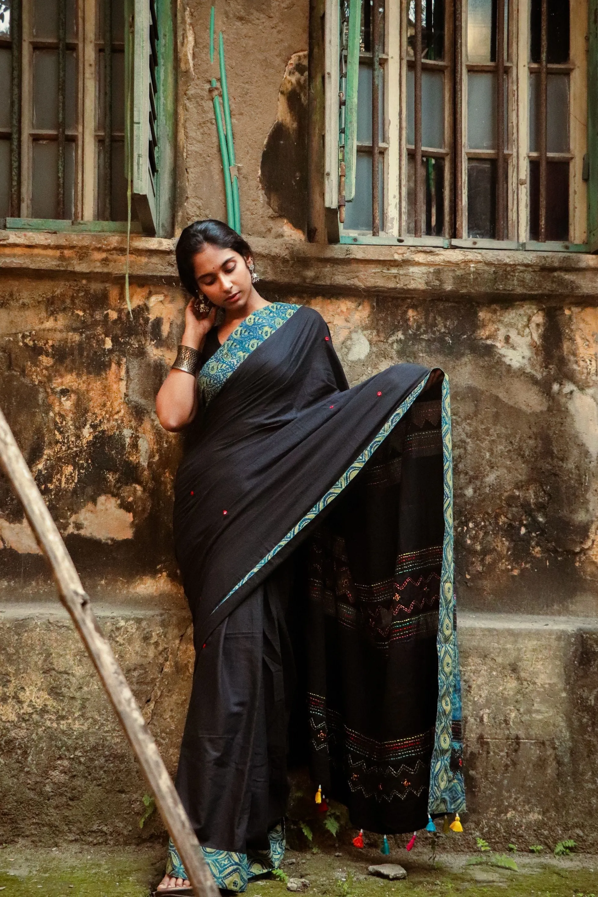 Jharokha -  Blue and Black Ajrakh handblockprinted patchwork Gudri Barmer saree