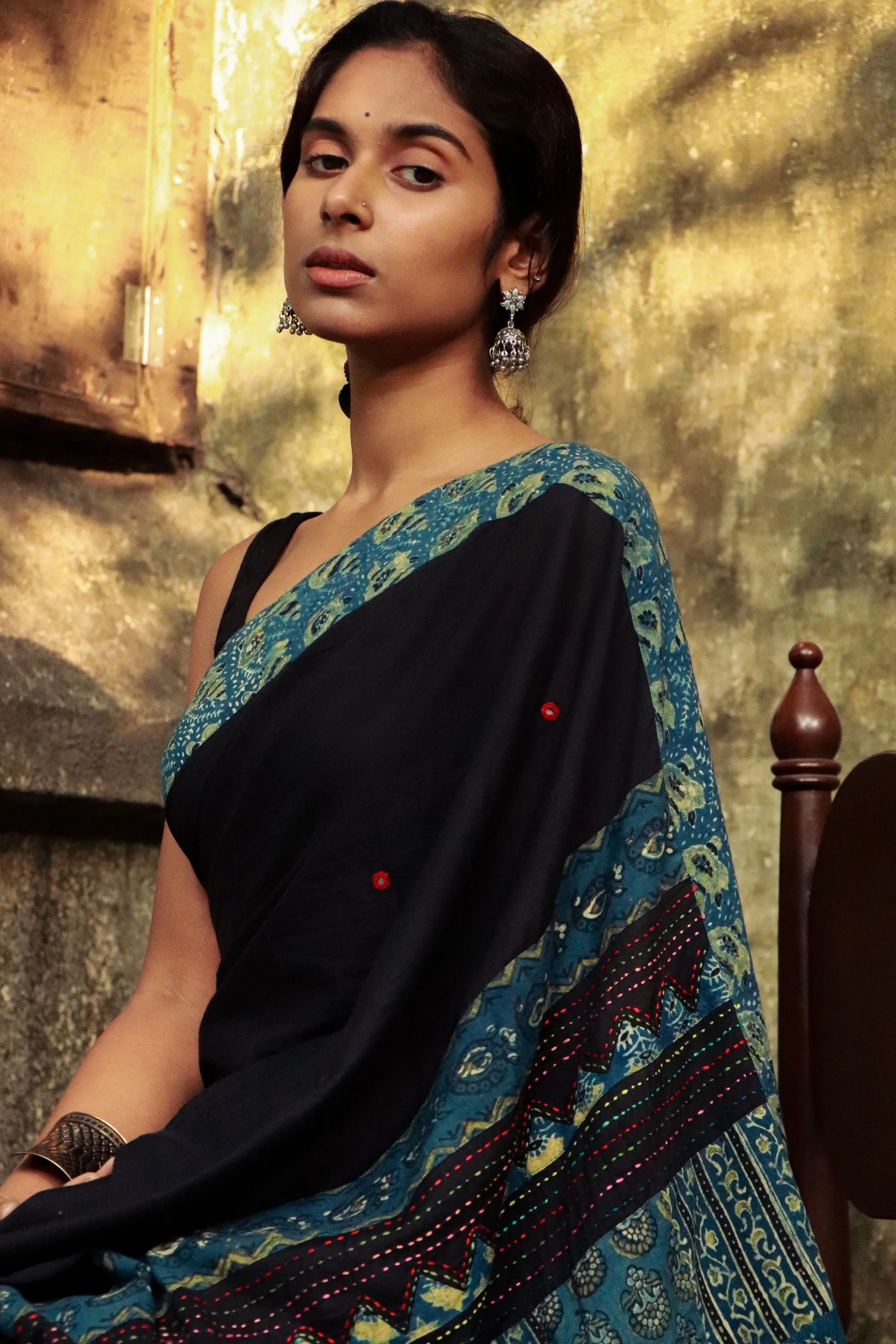 Jharokha -  Blue and Black Ajrakh handblockprinted patchwork Gudri Barmer saree