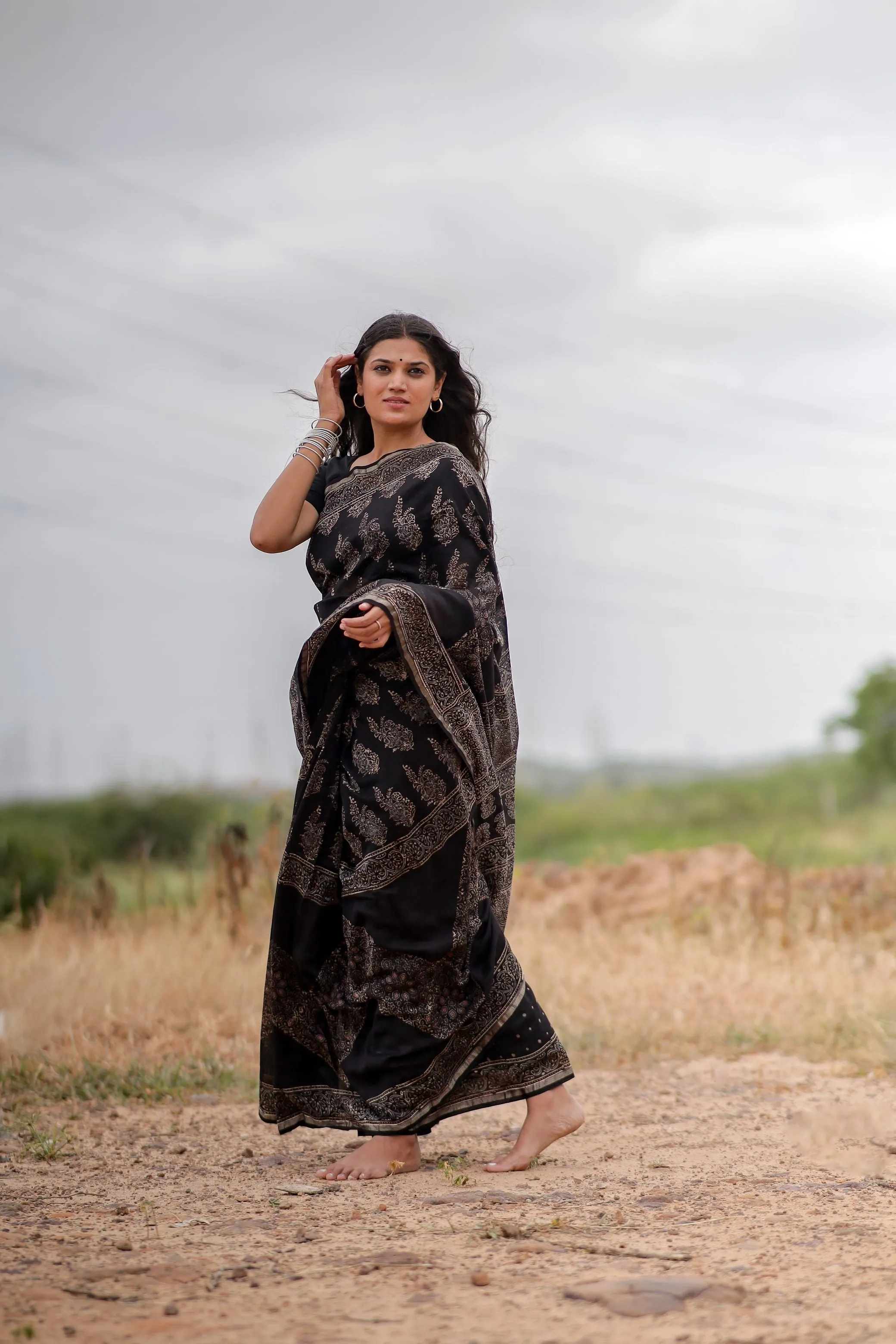 Jharokha -Black Mughal boota floral silk cotton Ajrakh handblockprinted saree