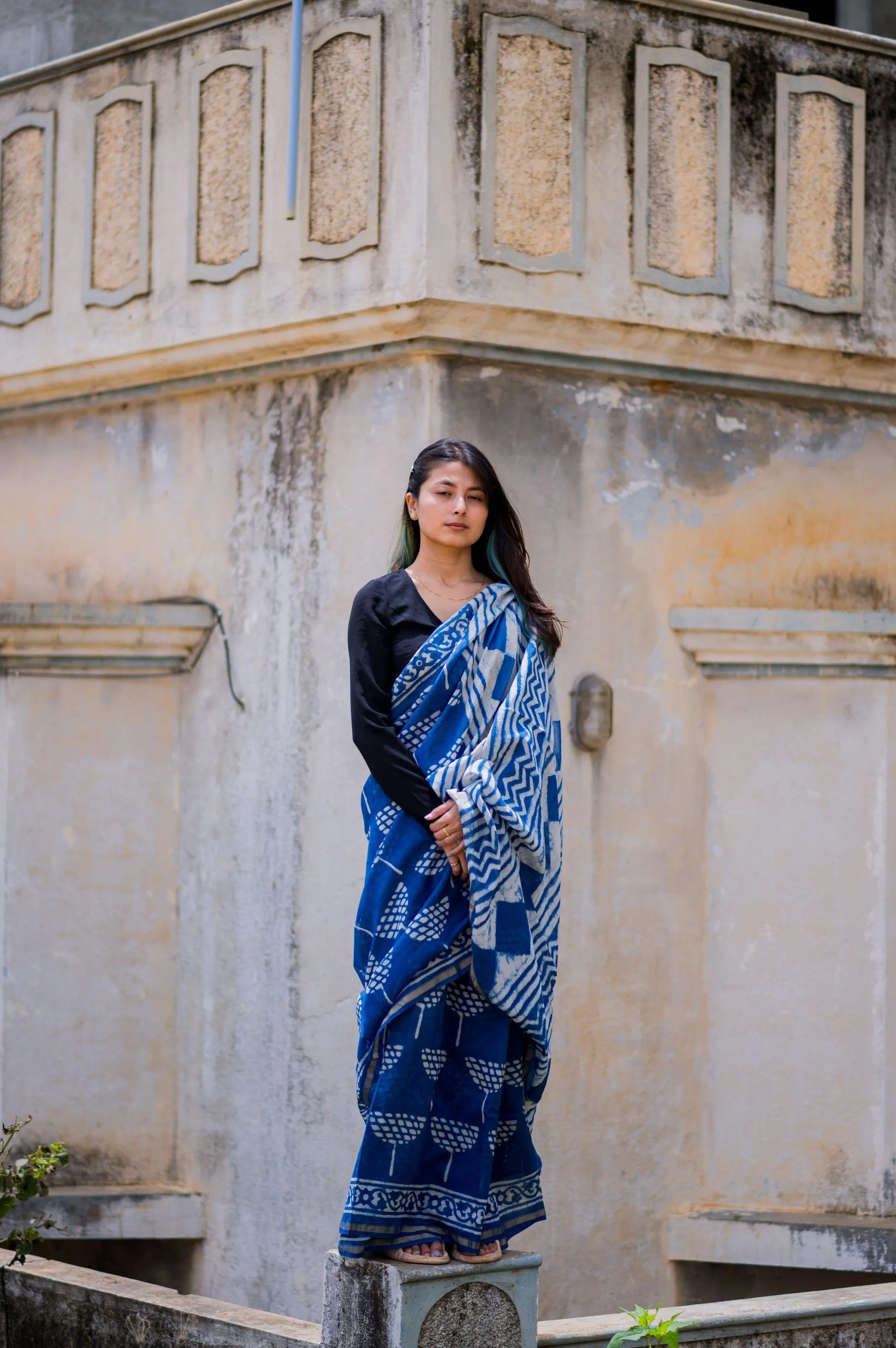 Kaisori Malhar - Dabu Lotus  Indigo Silk Cotton saree