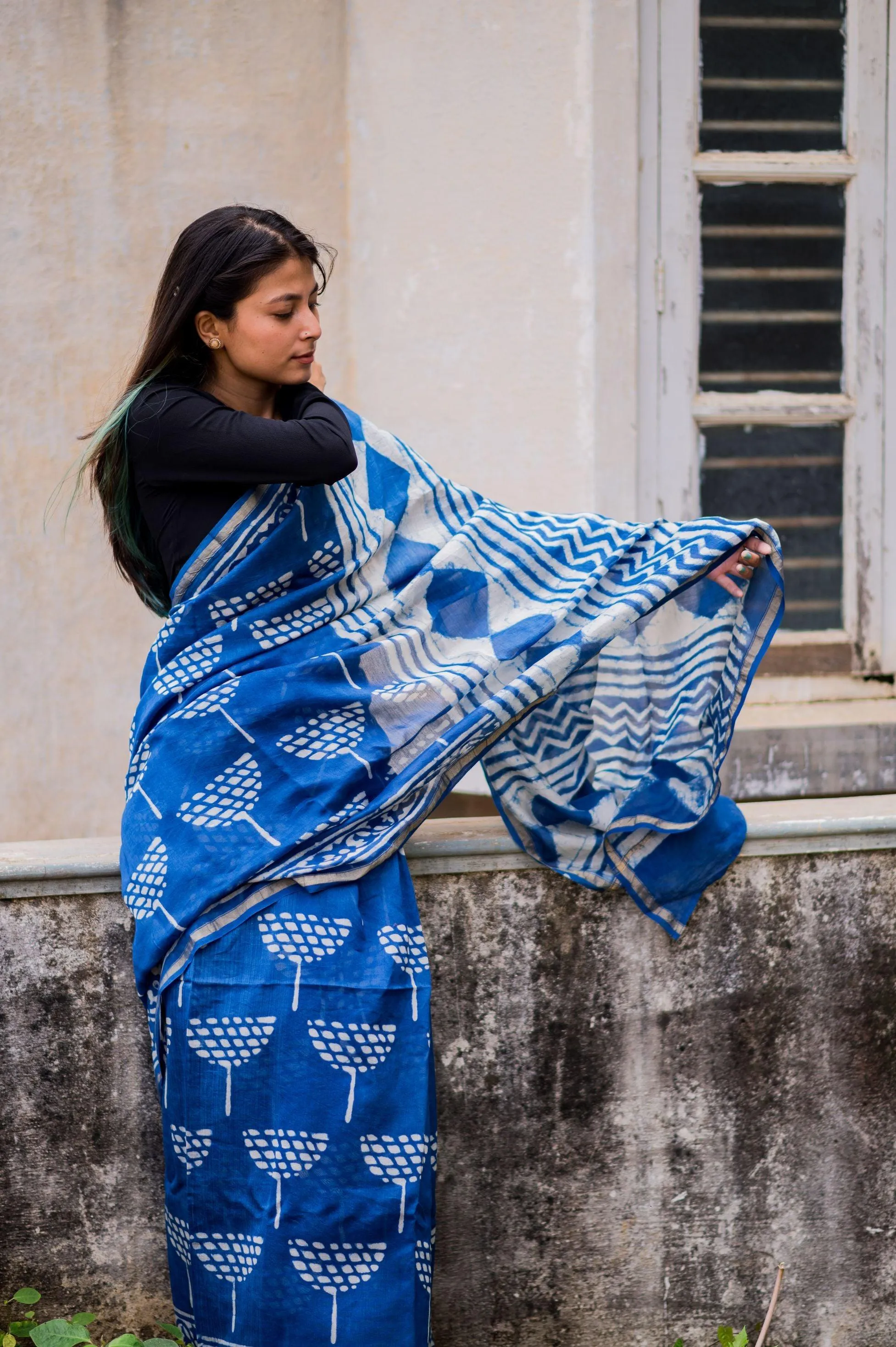 Kaisori Malhar - Dabu Lotus  Indigo Silk Cotton saree