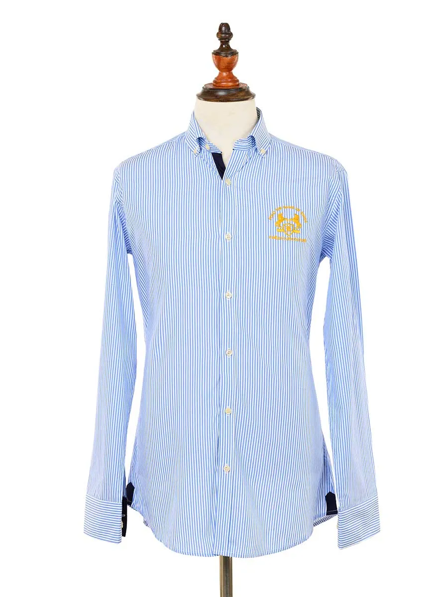 Kings Club Couture Shirt Button Down Regular Fit Game of Kings White&Blue Stripe Woven Cotton Blend with Embroidered Logo KCSHG003