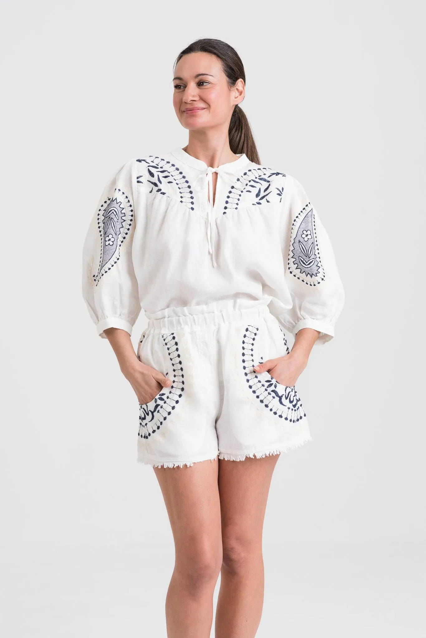 Kori Embroidered Linen Shorts | White & Blue