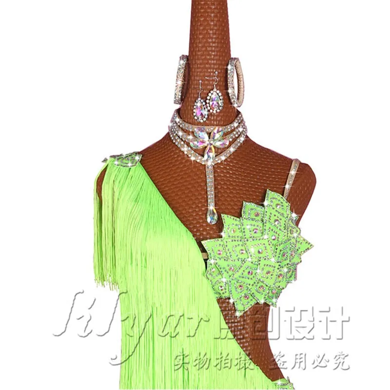 #L422 Elegant Neon Green -Thick Fringe-Stage -Ballroom -Dance Competion Latin Dress