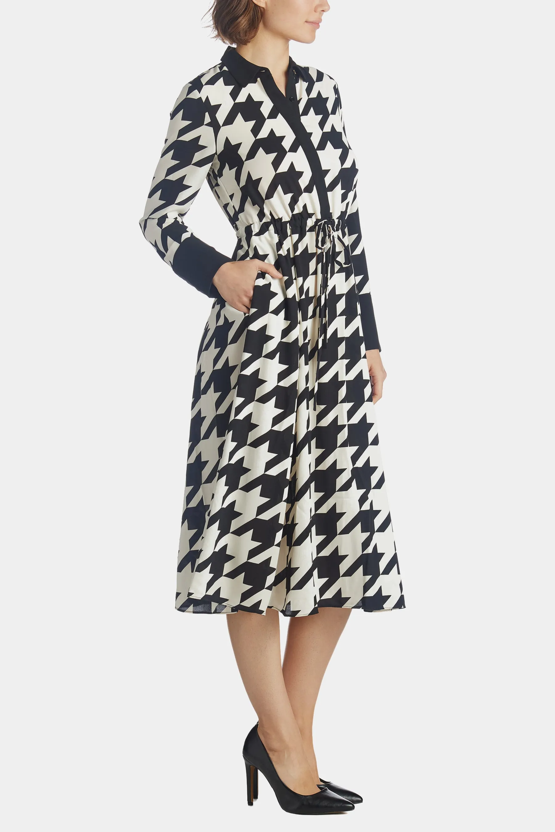 Large Houndstooth Drawstring Shirt Dress