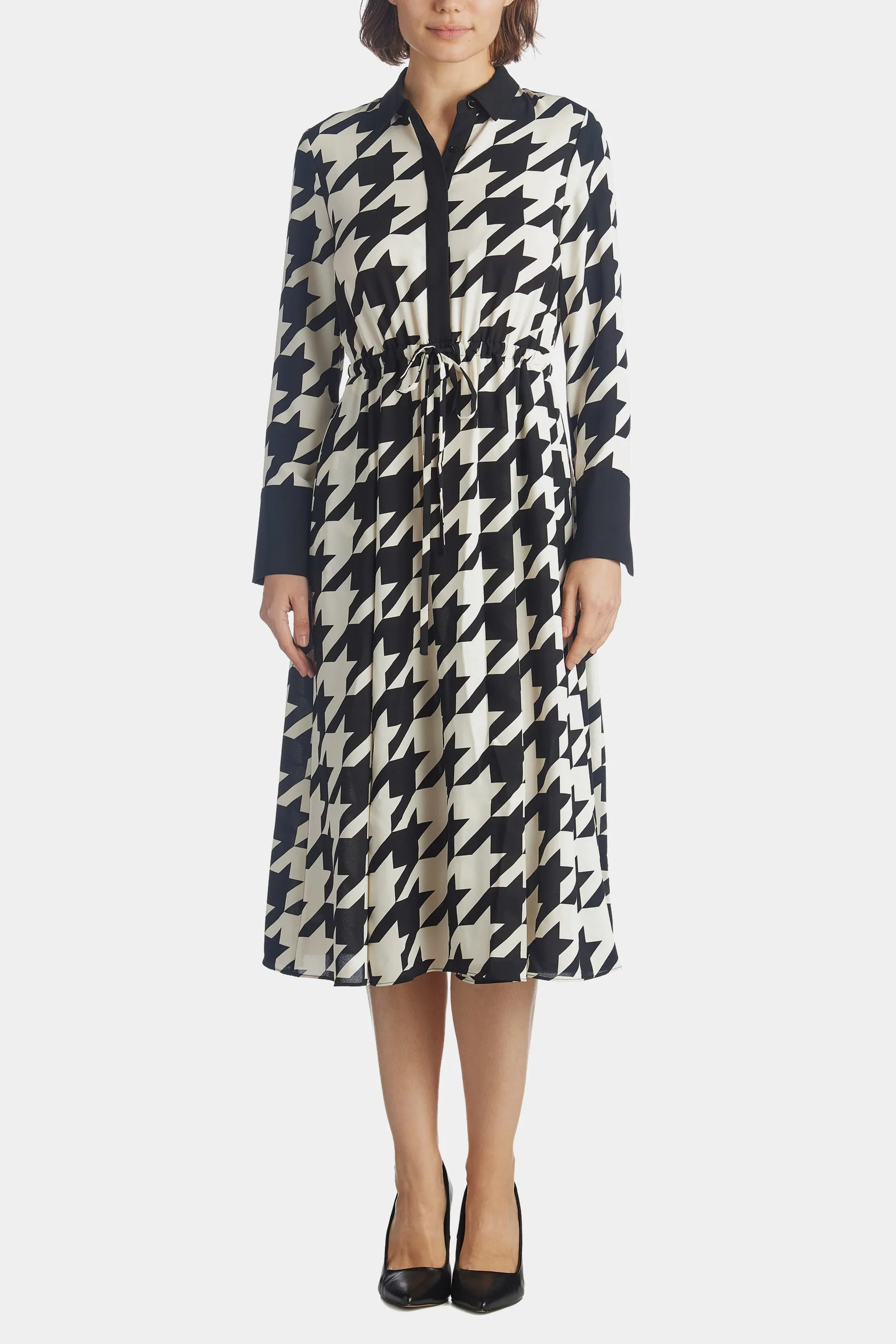 Large Houndstooth Drawstring Shirt Dress