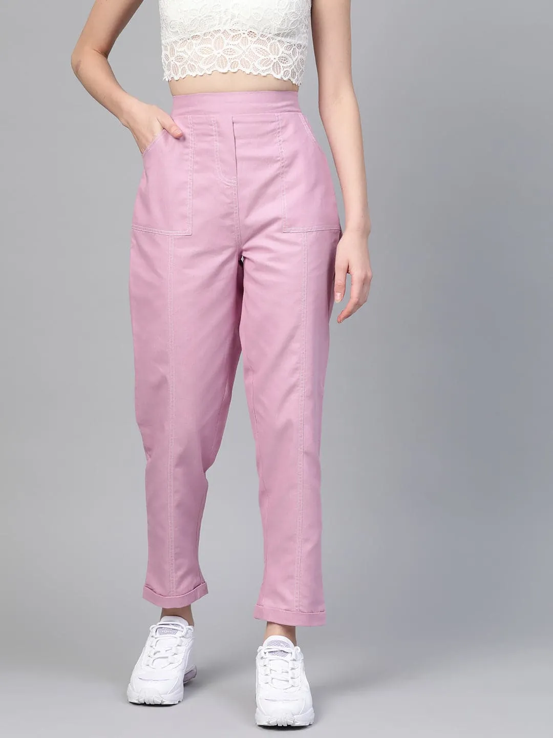 Lavender Contrast Stitch Twill Tapered Pants