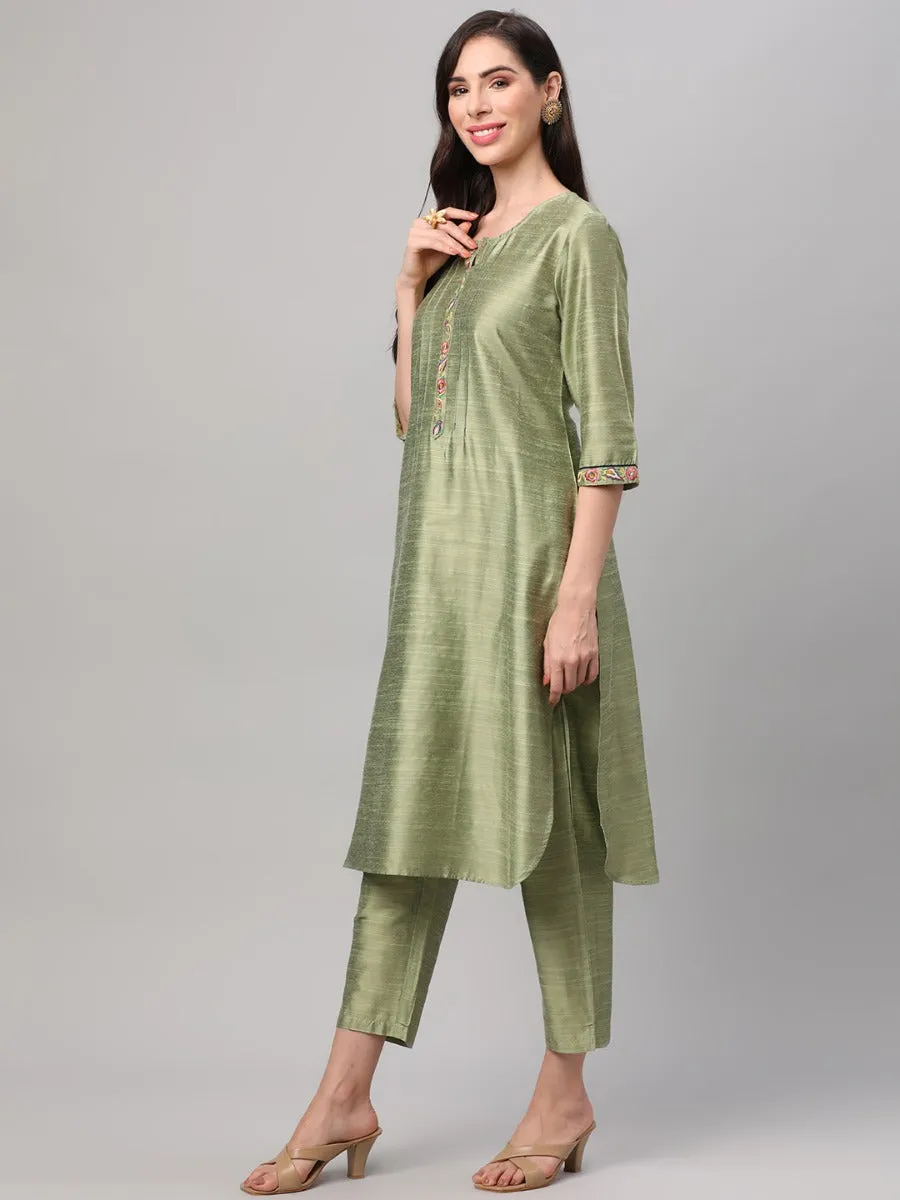 Lime Green Solid Kurta Trouser Dupatta