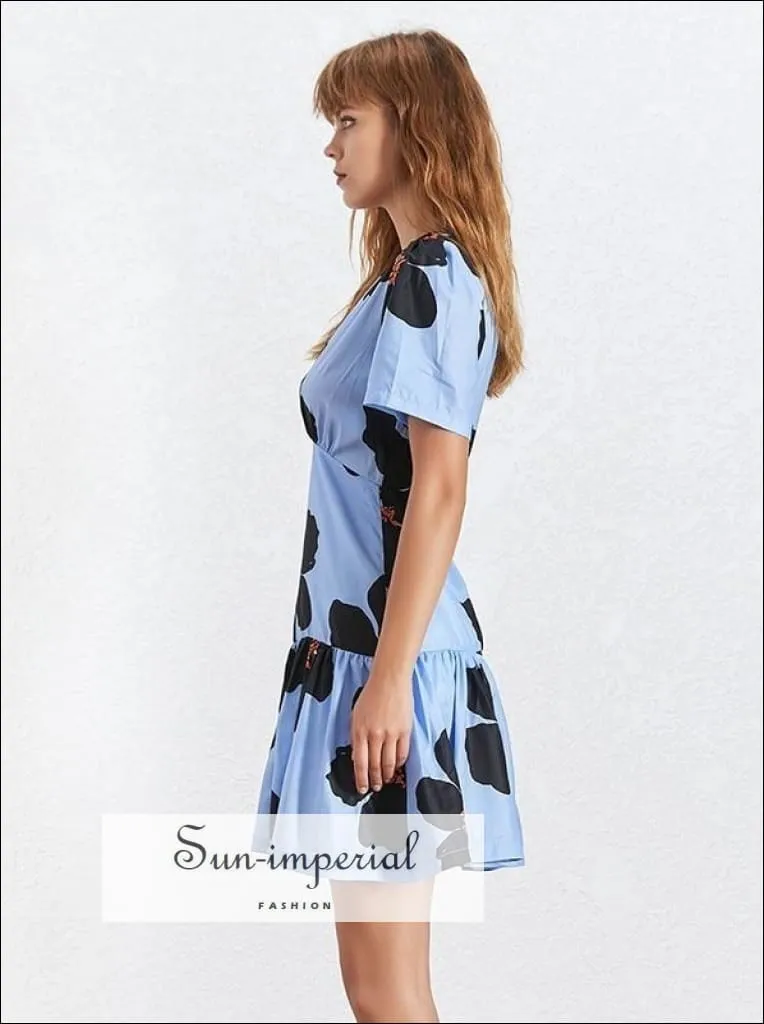 Maine Dress - Casual Flower Print Mini Dress for Women V Neck Short Sleeve High Waist Slim Mini