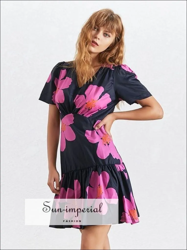 Maine Dress - Casual Flower Print Mini Dress for Women V Neck Short Sleeve High Waist Slim Mini