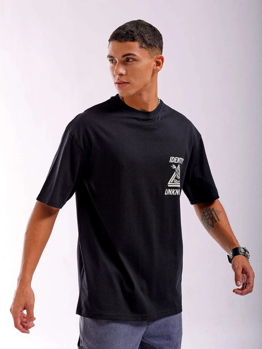 Men Black Oversized Fit Back Printed T-Shirt