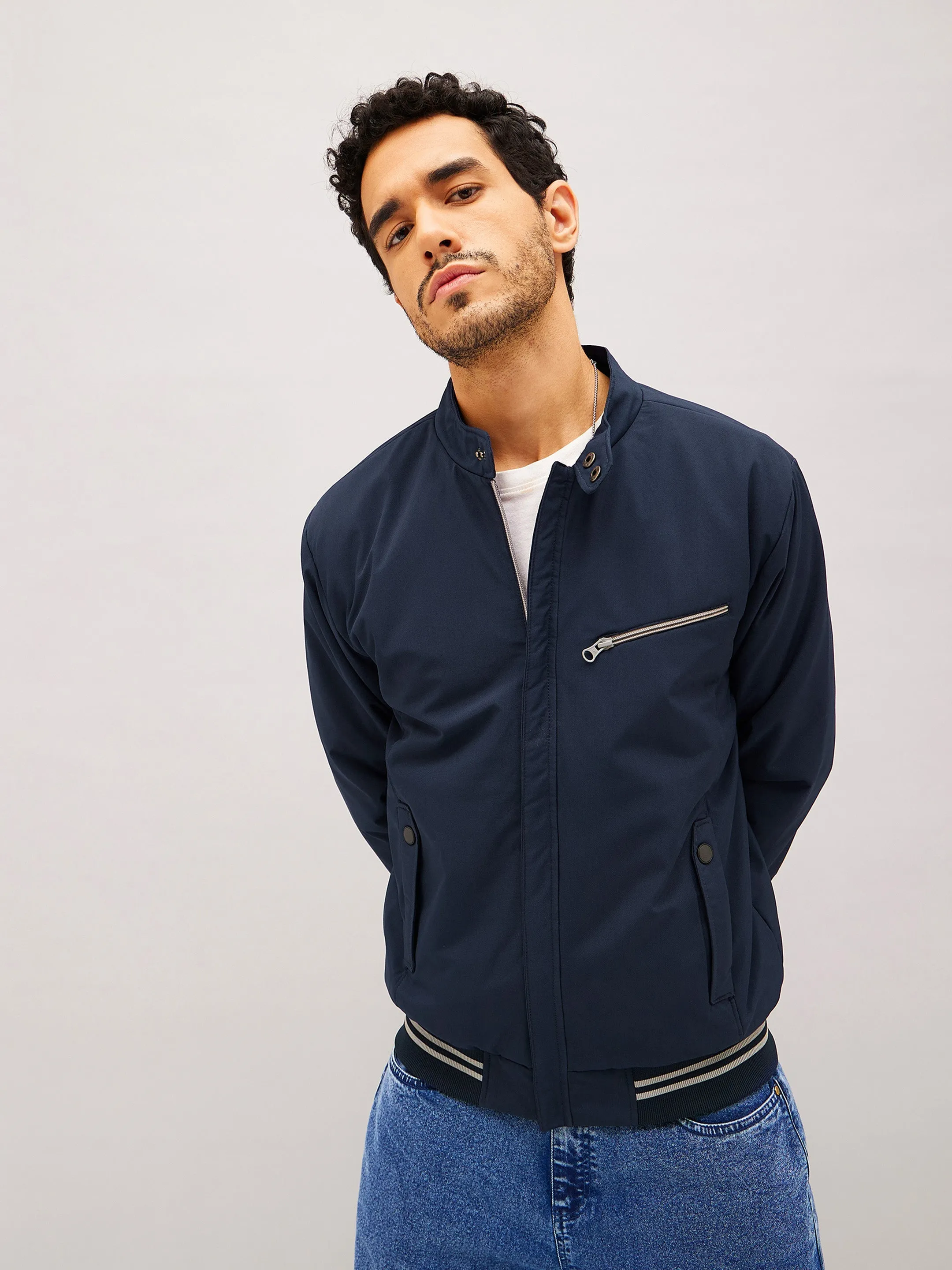 Men Navy Full Sleeve Front Zipper Jacket