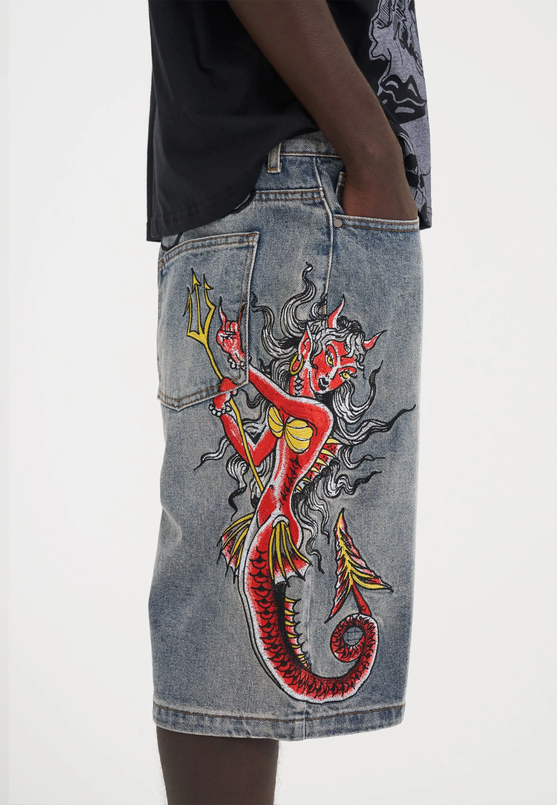 Mens Devil Mermaid Denim Jorts Shorts - Blue