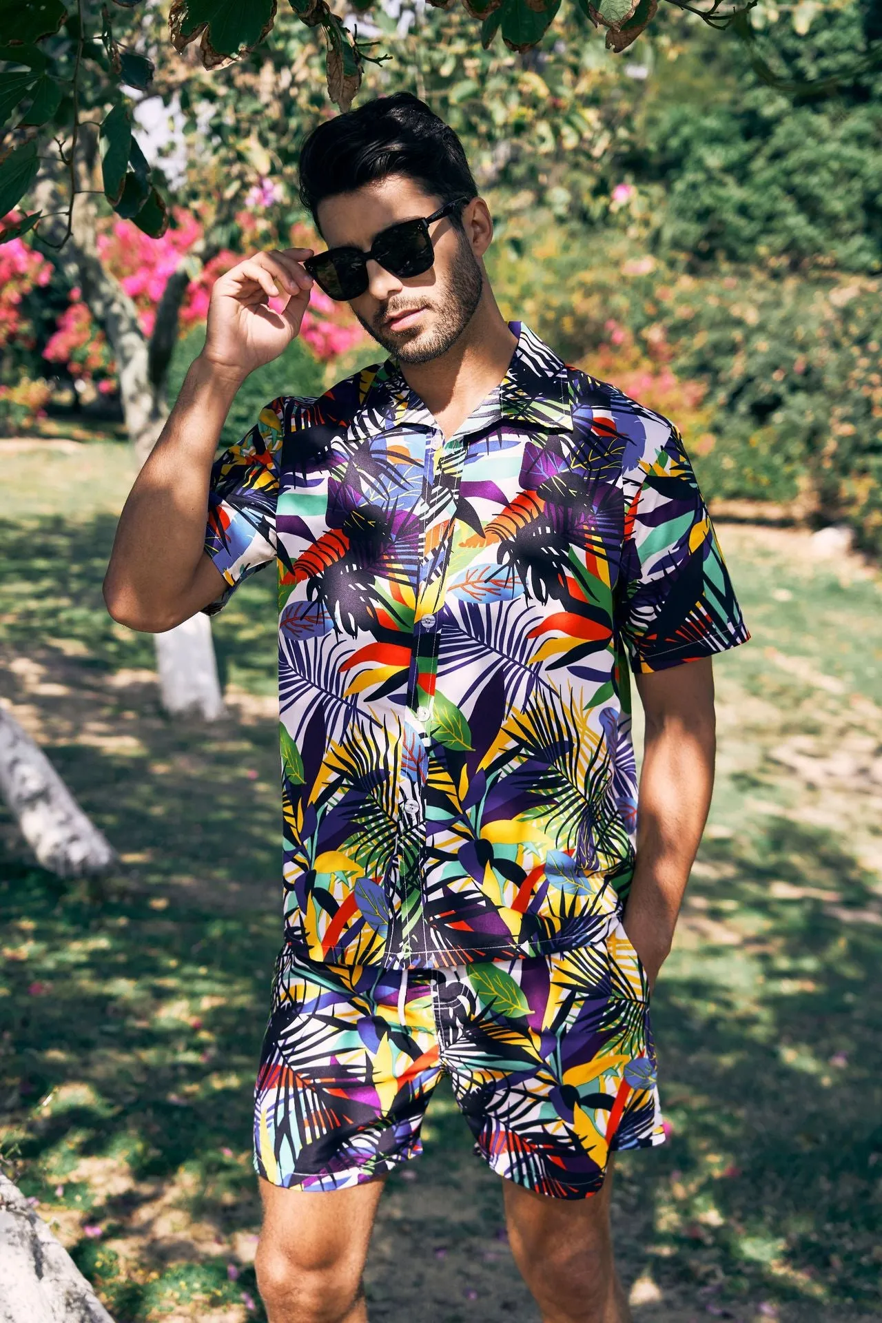 Men's Short Sleeve Coconut Tree Print 2 Pieces Outfit Set Short & Buttons Shirts | ST01